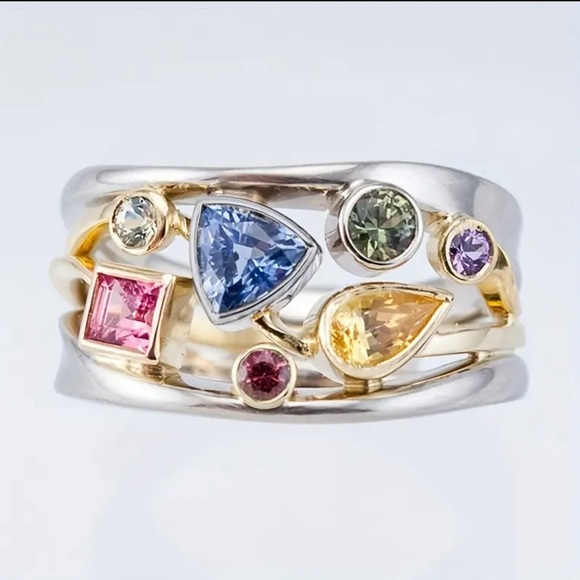 Elegant Multi-color Stone Silver and Gold Ring - Picture 1 of 13